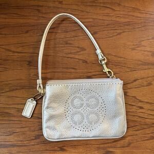 Coach Op Art Gold Metallic Leather Perforated C Wristlet Clutch Style 45569